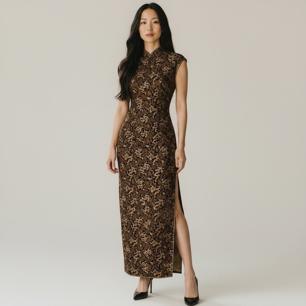 Vintage Chinese Silk Brocade Cheongsam Qipao Dress BLack Gold Geisha 38 US 0 / 2
